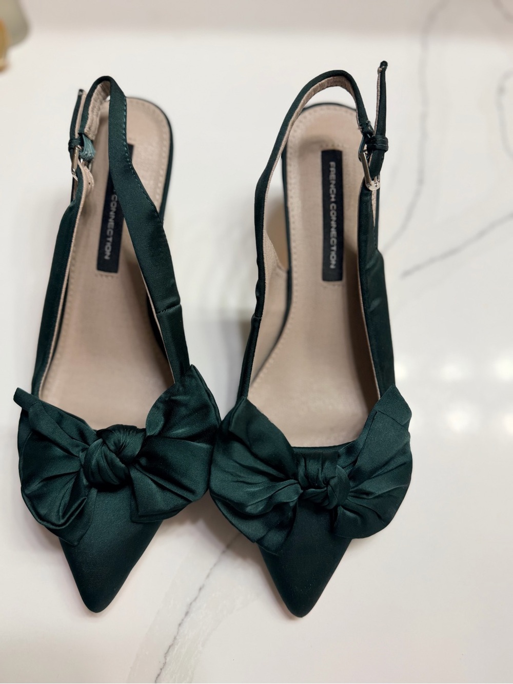 French Connection Emerald Green Satin Bow Slingback Flats